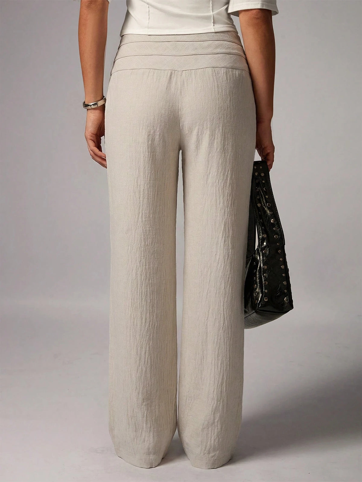 Avenya Beige Linen Wide Leg Pants For Women,Summer Casual Vacation Holiday Low Waist Maxi Pants With Dual Waist Tie,Boho Chic Elegant Loose-Fit Suit Pants