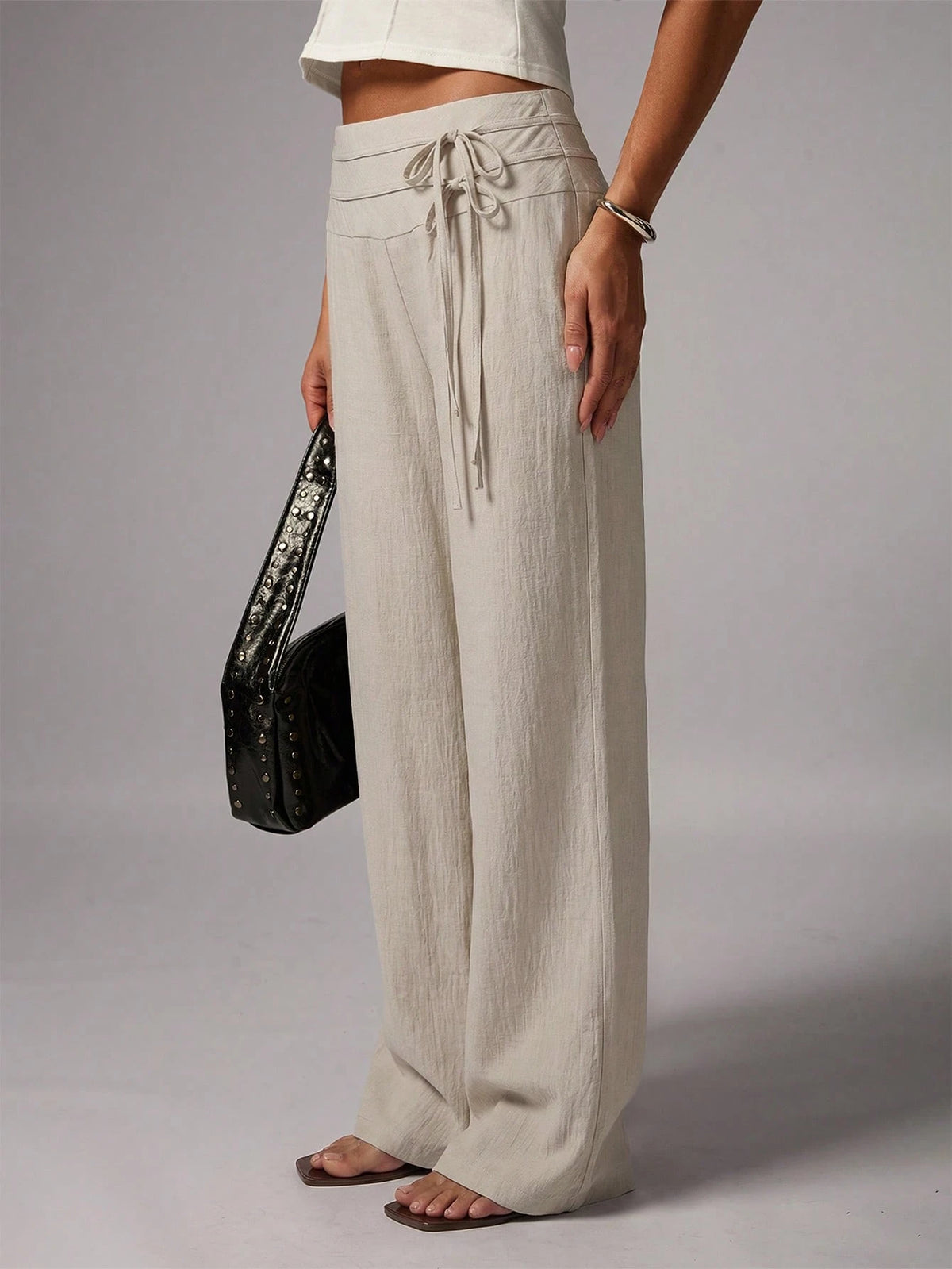 Avenya Beige Linen Wide Leg Pants For Women,Summer Casual Vacation Holiday Low Waist Maxi Pants With Dual Waist Tie,Boho Chic Elegant Loose-Fit Suit Pants