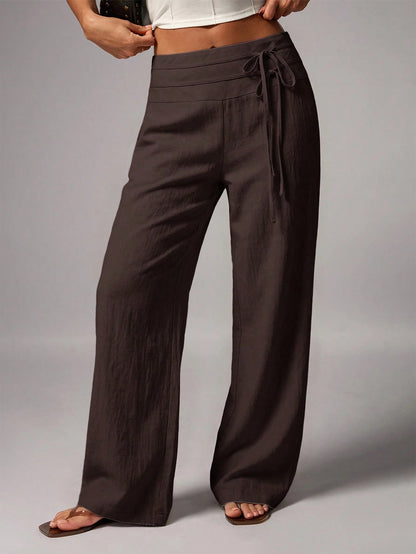 Avenya Beige Linen Wide Leg Pants For Women,Summer Casual Vacation Holiday Low Waist Maxi Pants With Dual Waist Tie,Boho Chic Elegant Loose-Fit Suit Pants