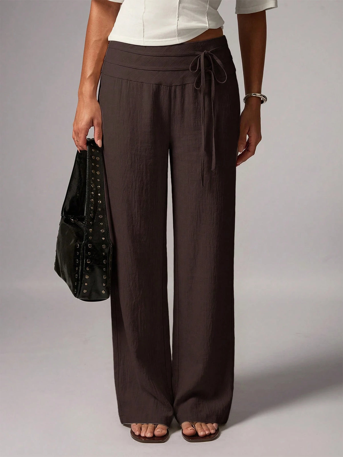 Avenya Beige Linen Wide Leg Pants For Women,Summer Casual Vacation Holiday Low Waist Maxi Pants With Dual Waist Tie,Boho Chic Elegant Loose-Fit Suit Pants