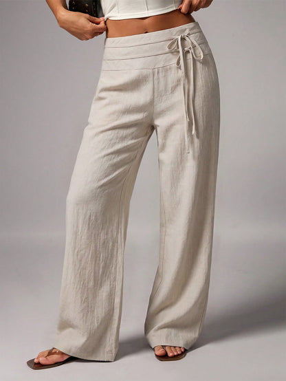 Avenya Beige Linen Wide Leg Pants For Women,Summer Casual Vacation Holiday Low Waist Maxi Pants With Dual Waist Tie,Boho Chic Elegant Loose-Fit Suit Pants