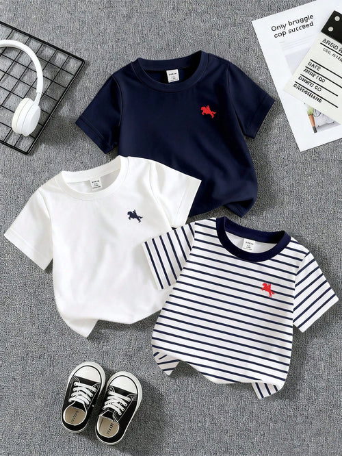 Baby Boy 3-Piece 6M-3T Newborn Unisex Summer White Casual Carrer Day Back-To-School KHorse Icon Solid Navy & Striped Knit Crew Neck T-Shirt Tops