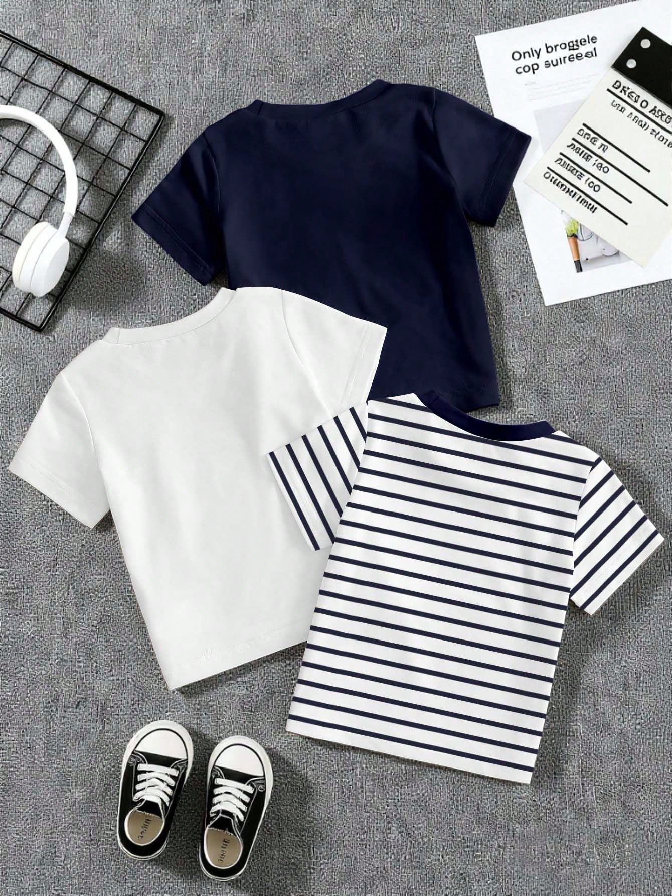 Baby Boy 3-Piece 6M-3T Newborn Unisex Summer White Casual Carrer Day Back-To-School KHorse Icon Solid Navy & Striped Knit Crew Neck T-Shirt Tops