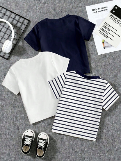 Baby Boy 3-Piece 6M-3T Newborn Unisex Summer White Casual Carrer Day Back-To-School KHorse Icon Solid Navy & Striped Knit Crew Neck T-Shirt Tops