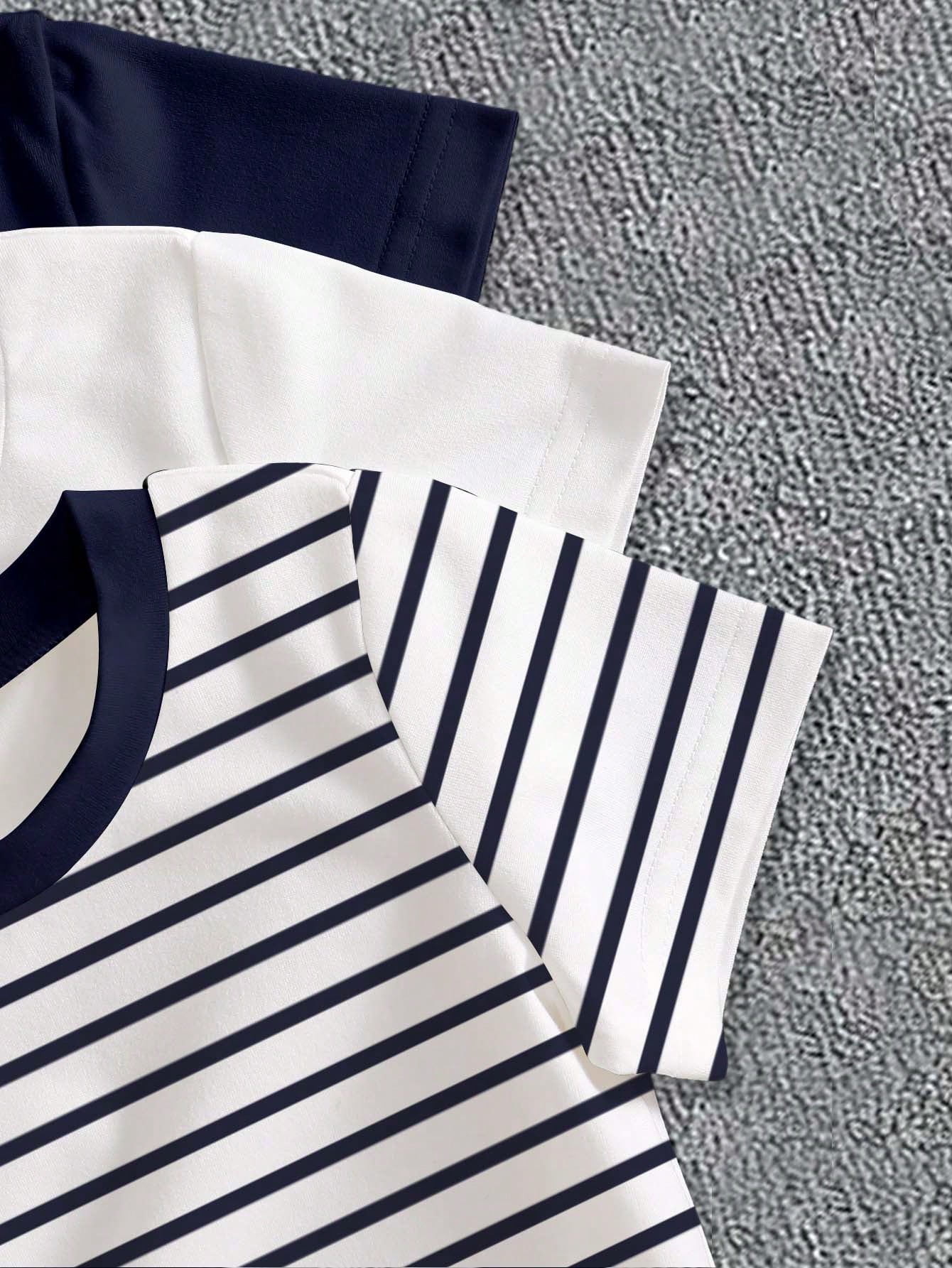 Baby Boy 3-Piece 6M-3T Newborn Unisex Summer White Casual Carrer Day Back-To-School KHorse Icon Solid Navy & Striped Knit Crew Neck T-Shirt Tops