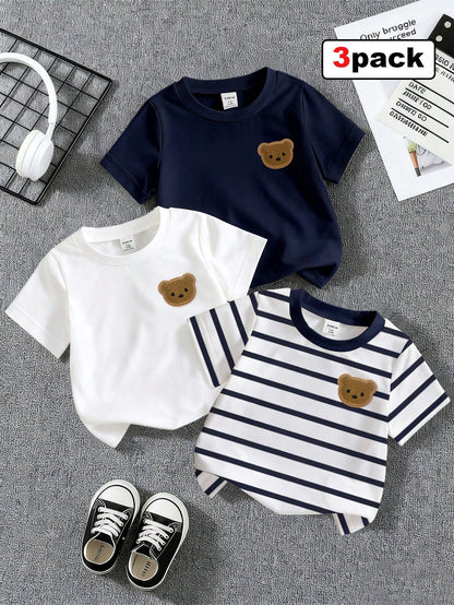 Baby Boy 3-Piece 6M-3T Newborn Unisex Summer White Casual Carrer Day Back-To-School KHorse Icon Solid Navy & Striped Knit Crew Neck T-Shirt Tops