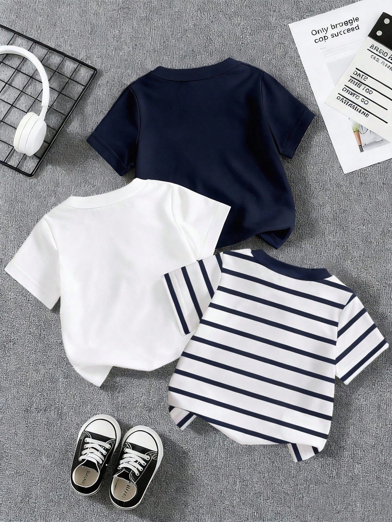 Baby Boy 3-Piece 6M-3T Newborn Unisex Summer White Casual Carrer Day Back-To-School KHorse Icon Solid Navy & Striped Knit Crew Neck T-Shirt Tops
