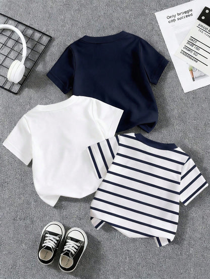 Baby Boy 3-Piece 6M-3T Newborn Unisex Summer White Casual Carrer Day Back-To-School KHorse Icon Solid Navy & Striped Knit Crew Neck T-Shirt Tops
