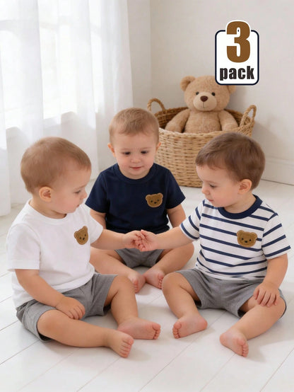 Baby Boy 3-Piece 6M-3T Newborn Unisex Summer White Casual Carrer Day Back-To-School KHorse Icon Solid Navy & Striped Knit Crew Neck T-Shirt Tops