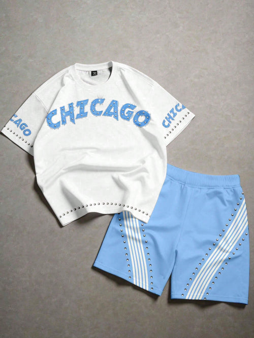Baby Boy Casual Simple Letter Print Short Sleeve T-Shirt And Shorts Set Suitable For Summer