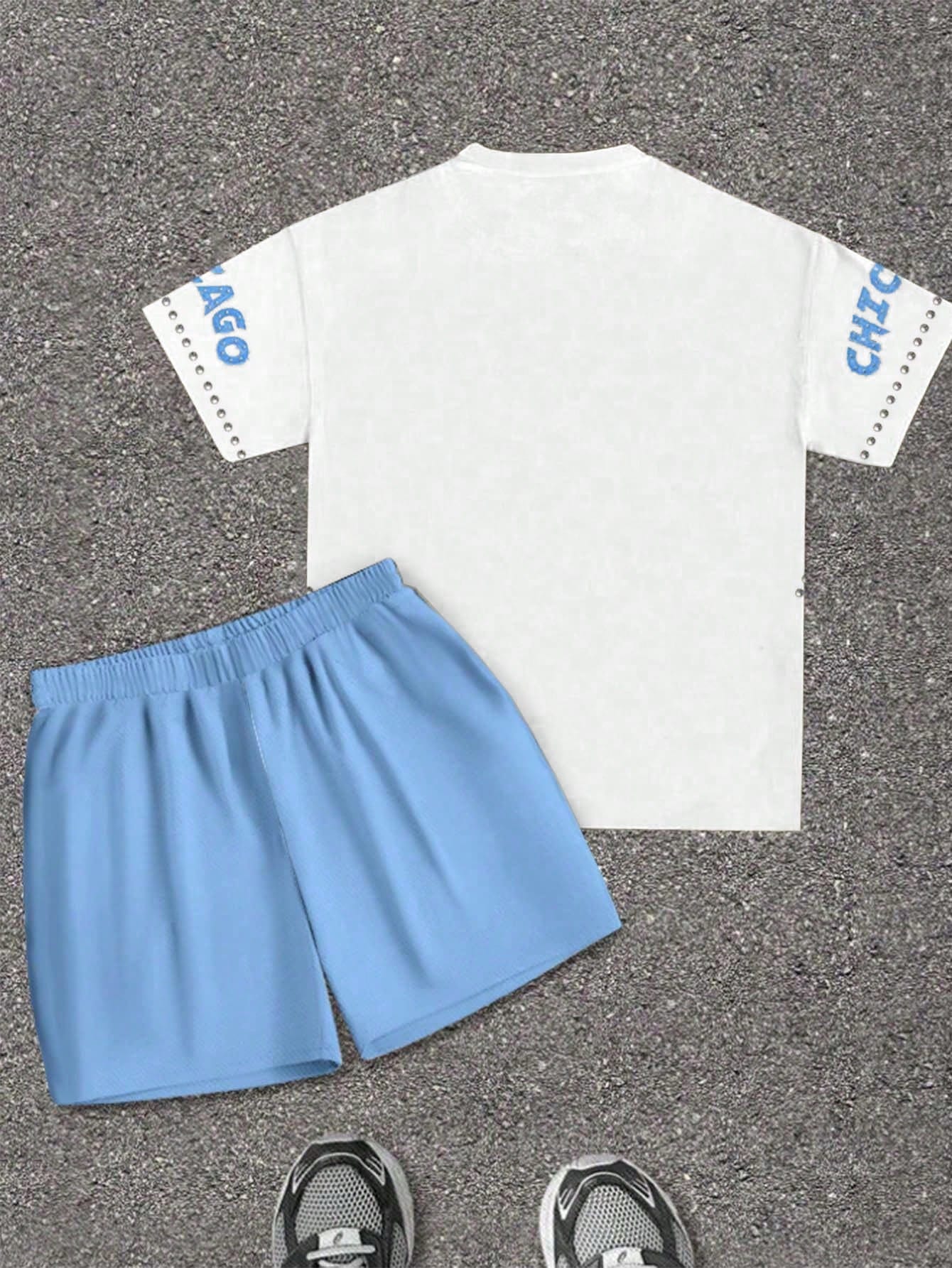 Baby Boy Casual Simple Letter Print Short Sleeve T-Shirt And Shorts Set Suitable For Summer