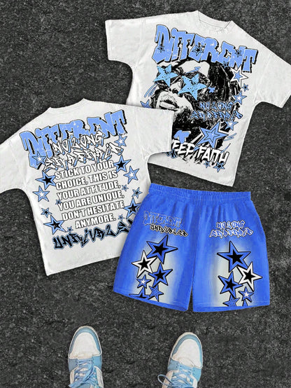 Baby Boy Casual Simple Letter Print Short Sleeve T-Shirt And Shorts Set Suitable For Summer