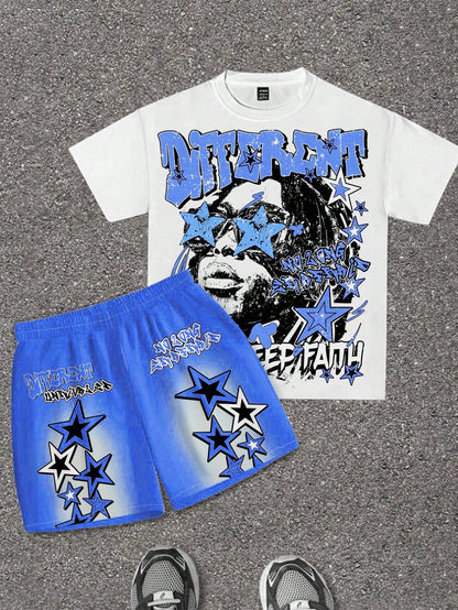 Baby Boy Casual Simple Letter Print Short Sleeve T-Shirt And Shorts Set Suitable For Summer