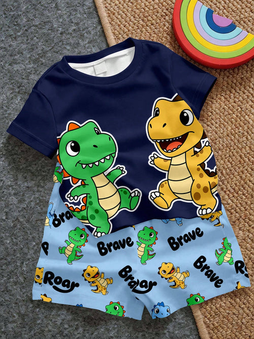 Baby Boy Casual Simple T-Shirt Set Suitable For Summer, Classic Cute Cartoon Dinosaur Pattern Print