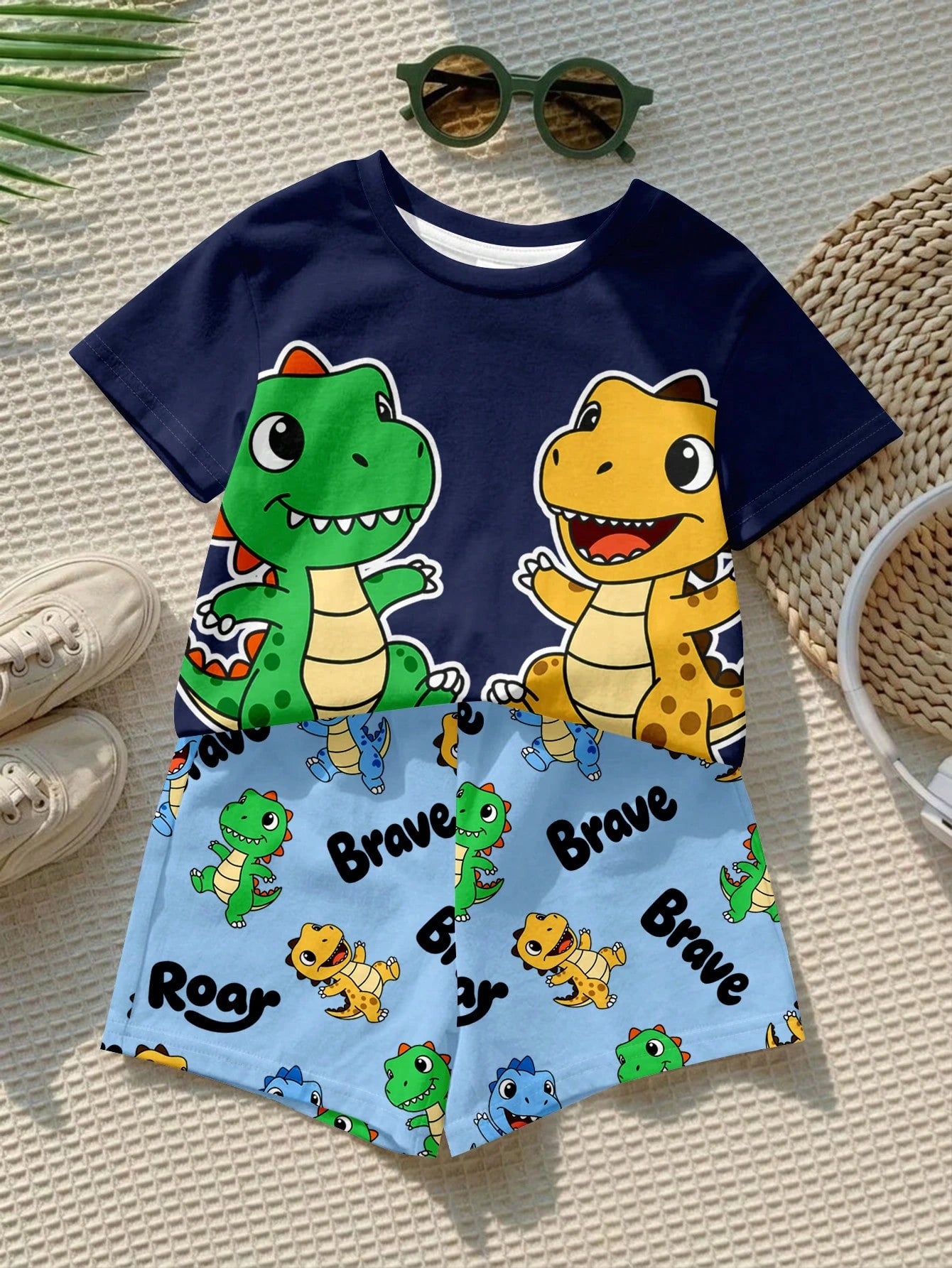 Baby Boy Casual Simple T-Shirt Set Suitable For Summer, Classic Cute Cartoon Dinosaur Pattern Print