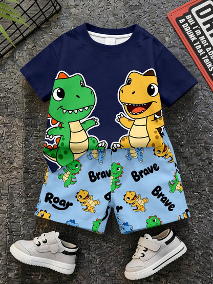 Baby Boy Casual Simple T-Shirt Set Suitable For Summer, Classic Cute Cartoon Dinosaur Pattern Print