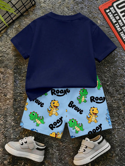 Baby Boy Casual Simple T-Shirt Set Suitable For Summer, Classic Cute Cartoon Dinosaur Pattern Print