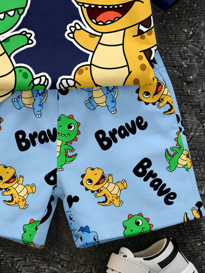 Baby Boy Casual Simple T-Shirt Set Suitable For Summer, Classic Cute Cartoon Dinosaur Pattern Print