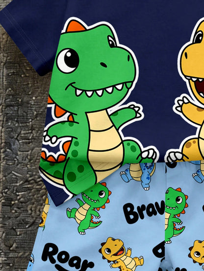 Baby Boy Casual Simple T-Shirt Set Suitable For Summer, Classic Cute Cartoon Dinosaur Pattern Print