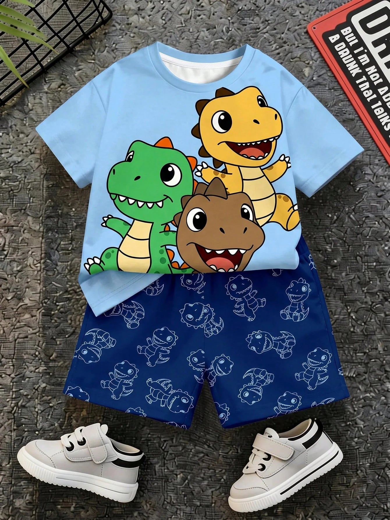 Baby Boy Casual Simple T-Shirt Set Suitable For Summer, Classic Cute Cartoon Dinosaur Pattern Print