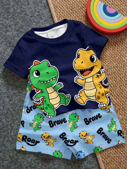 Baby Boy Casual Simple T-Shirt Set Suitable For Summer, Classic Cute Cartoon Dinosaur Pattern Print