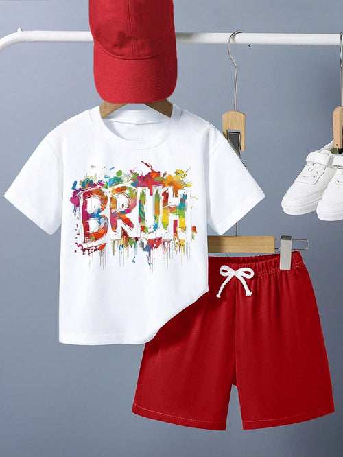 Baby Boy Letter Print Short Sleeve T-Shirt And Bow Tie Casual Shorts Set