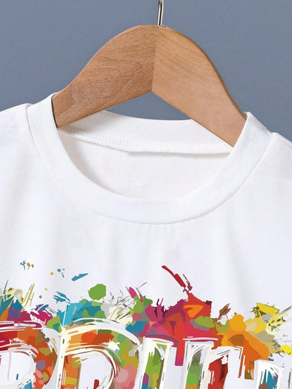 Baby Boy Letter Print Short Sleeve T-Shirt And Bow Tie Casual Shorts Set