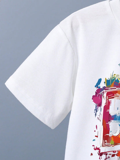 Baby Boy Letter Print Short Sleeve T-Shirt And Bow Tie Casual Shorts Set