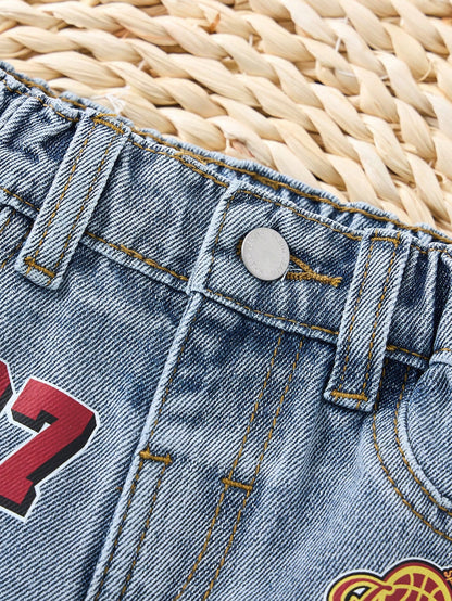 Baby Boy New Fashion Distressed Casual Basketball Letter Print Blue Loose Denim Ripped Shorts Spring Summer,For Baby Boy Spring/Summer Dailywear,Boys Streetwear,Beach Vacation, Boho,Casual,2-Yea