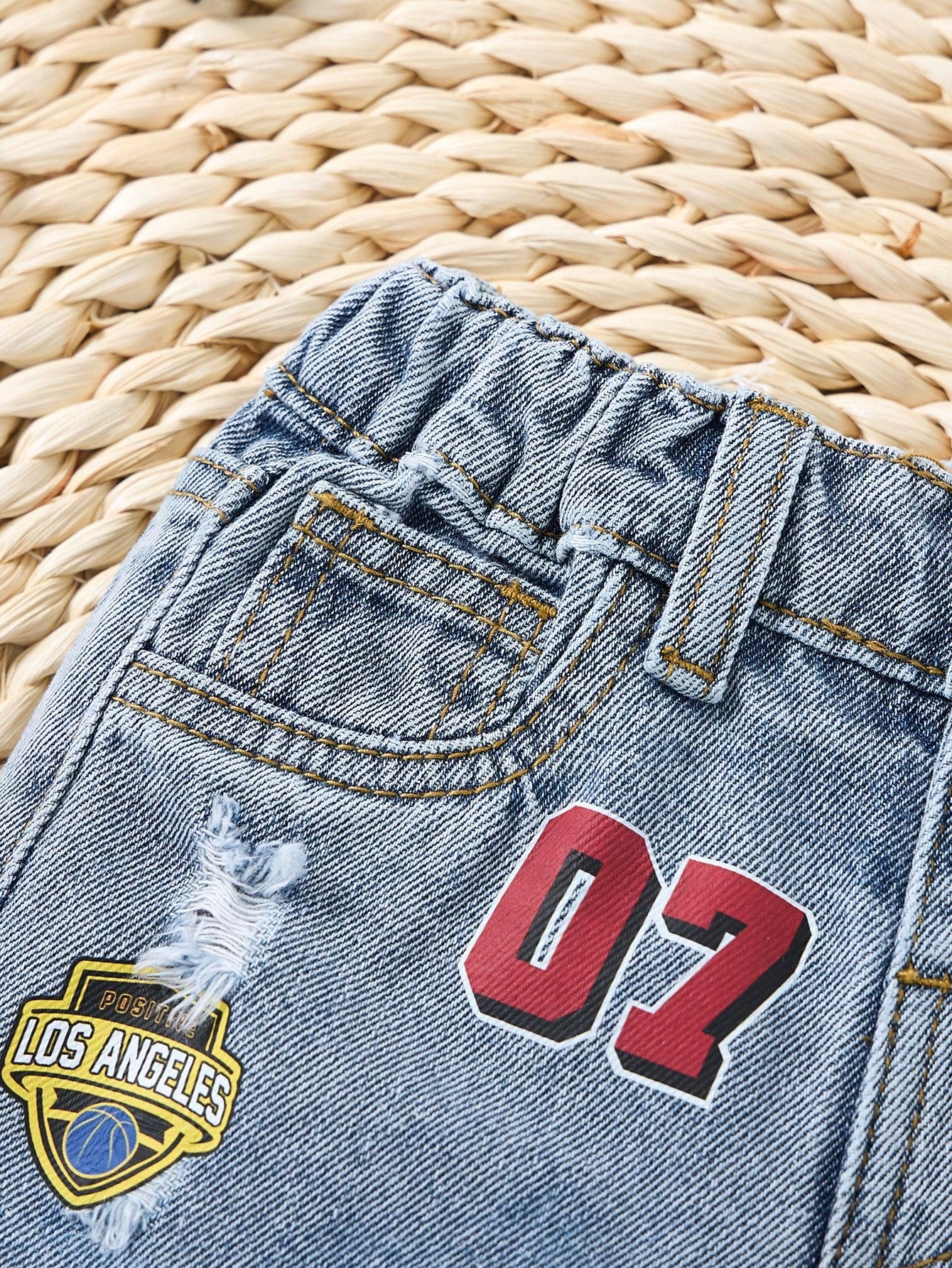 Baby Boy New Fashion Distressed Casual Basketball Letter Print Blue Loose Denim Ripped Shorts Spring Summer,For Baby Boy Spring/Summer Dailywear,Boys Streetwear,Beach Vacation, Boho,Casual,2-Yea