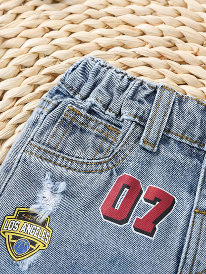 Baby Boy New Fashion Distressed Casual Basketball Letter Print Blue Loose Denim Ripped Shorts Spring Summer,For Baby Boy Spring/Summer Dailywear,Boys Streetwear,Beach Vacation, Boho,Casual,2-Yea