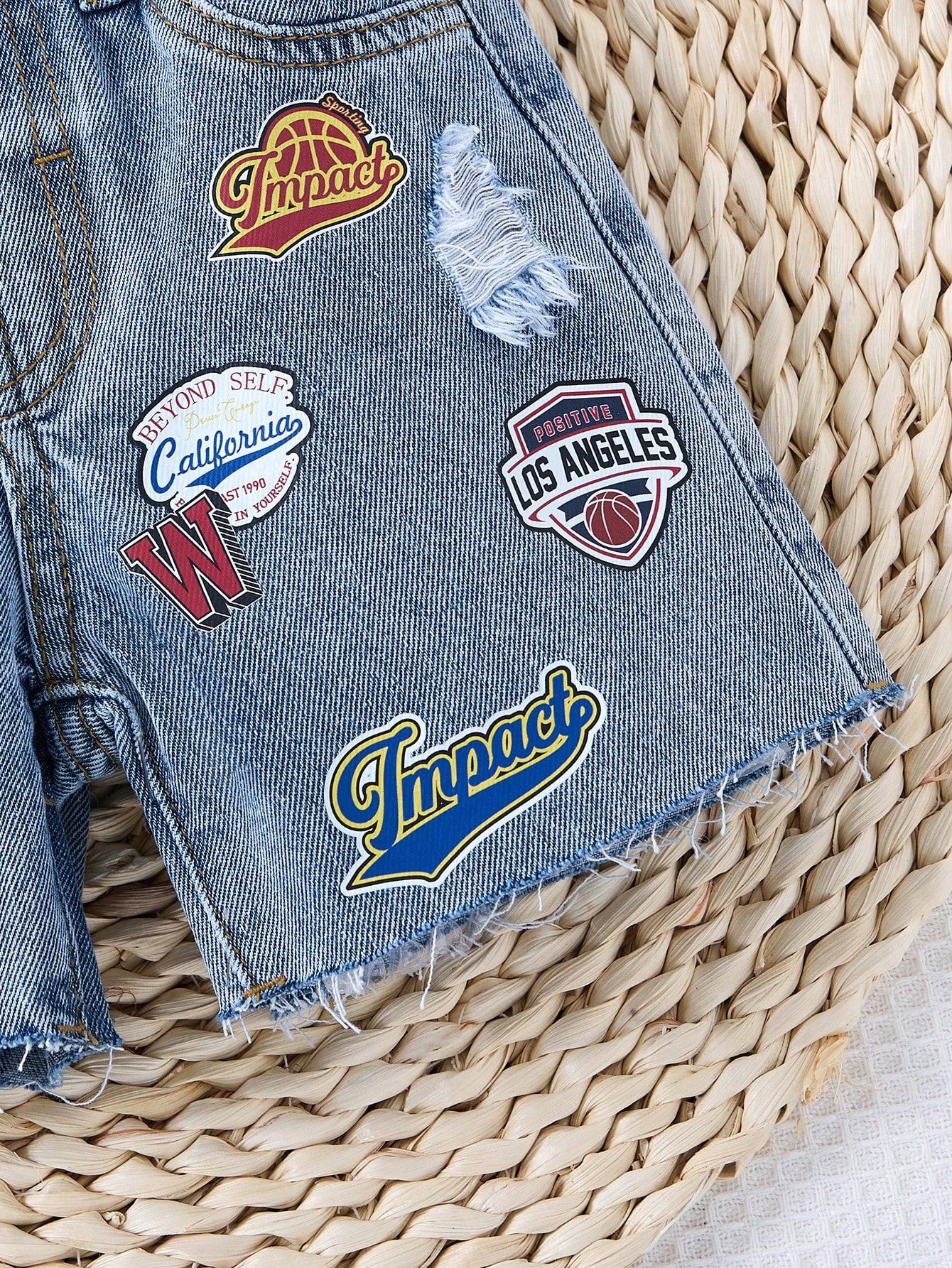Baby Boy New Fashion Distressed Casual Basketball Letter Print Blue Loose Denim Ripped Shorts Spring Summer,For Baby Boy Spring/Summer Dailywear,Boys Streetwear,Beach Vacation, Boho,Casual,2-Yea