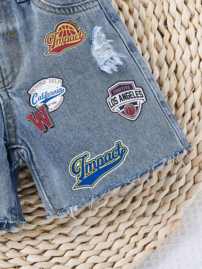 Baby Boy New Fashion Distressed Casual Basketball Letter Print Blue Loose Denim Ripped Shorts Spring Summer,For Baby Boy Spring/Summer Dailywear,Boys Streetwear,Beach Vacation, Boho,Casual,2-Yea