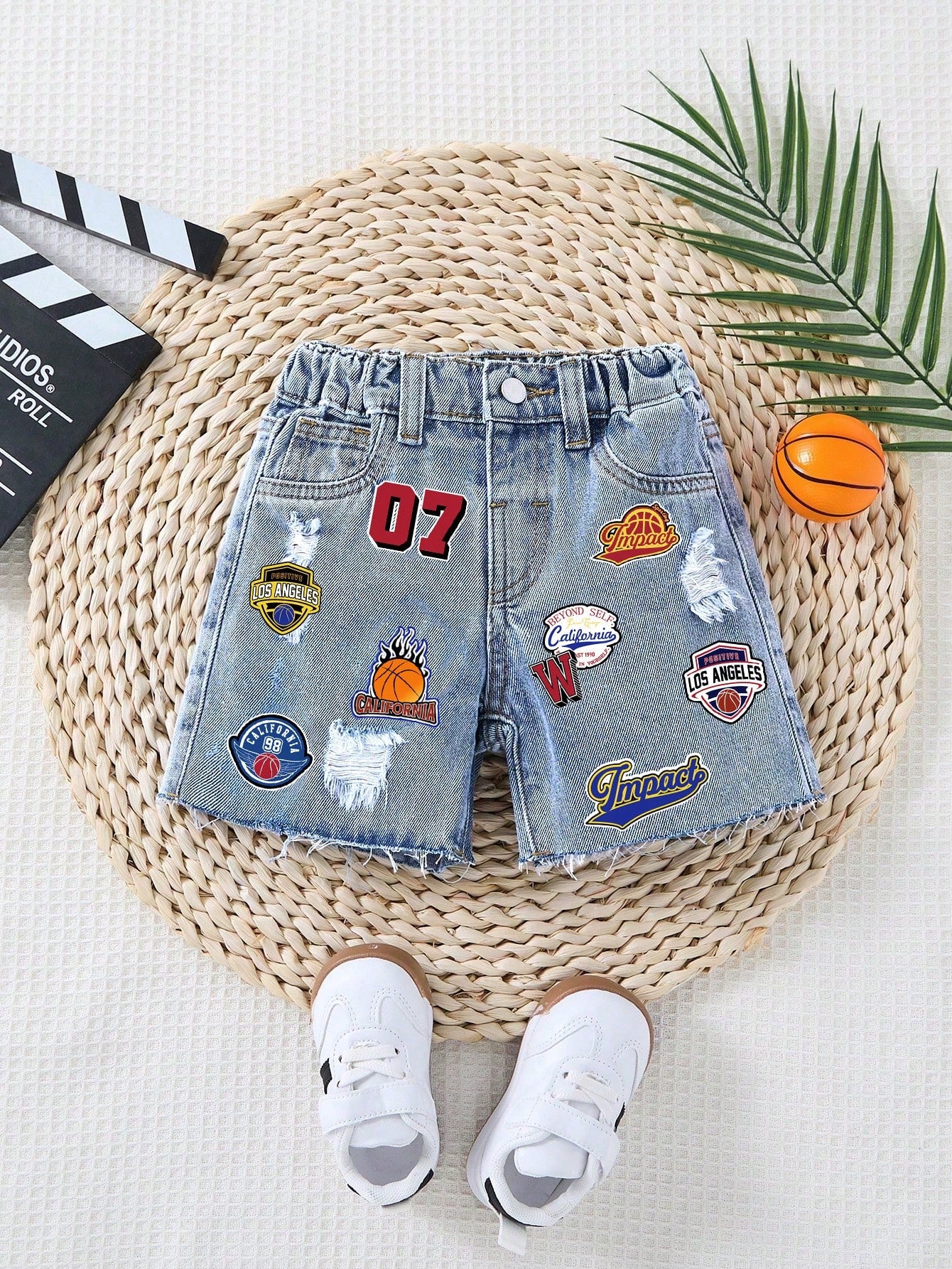 Baby Boy New Fashion Distressed Casual Basketball Letter Print Blue Loose Denim Ripped Shorts Spring Summer,For Baby Boy Spring/Summer Dailywear,Boys Streetwear,Beach Vacation, Boho,Casual,2-Yea