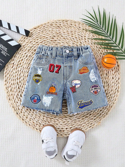 Baby Boy New Fashion Distressed Casual Basketball Letter Print Blue Loose Denim Ripped Shorts Spring Summer,For Baby Boy Spring/Summer Dailywear,Boys Streetwear,Beach Vacation, Boho,Casual,2-Yea