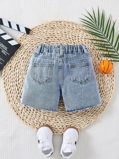 Baby Boy New Fashion Distressed Casual Basketball Letter Print Blue Loose Denim Ripped Shorts Spring Summer,For Baby Boy Spring/Summer Dailywear,Boys Streetwear,Beach Vacation, Boho,Casual,2-Yea