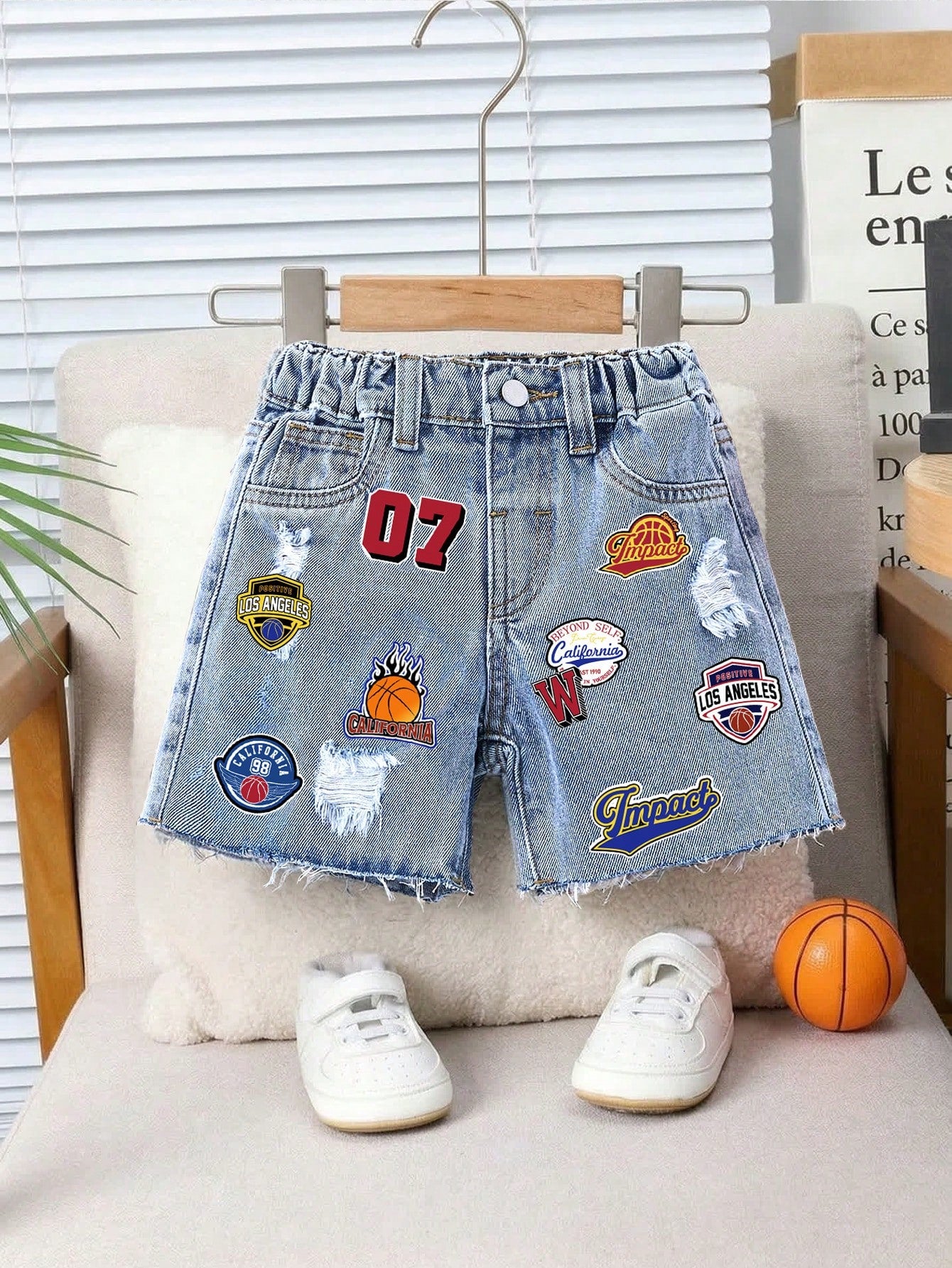 Baby Boy New Fashion Distressed Casual Basketball Letter Print Blue Loose Denim Ripped Shorts Spring Summer,For Baby Boy Spring/Summer Dailywear,Boys Streetwear,Beach Vacation, Boho,Casual,2-Yea