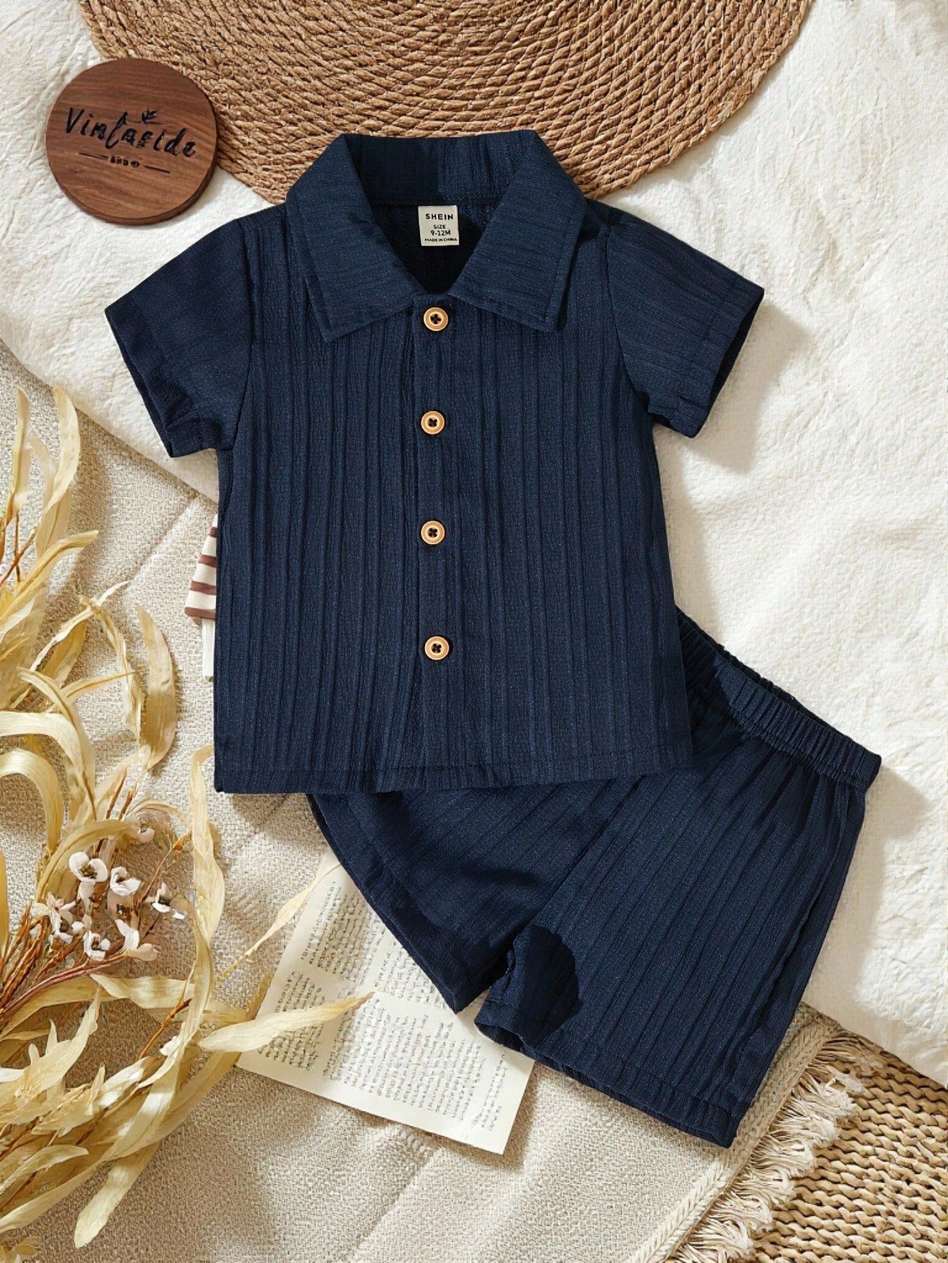 Baby Boy Solid Button Front Shirt & Shorts Without Tee