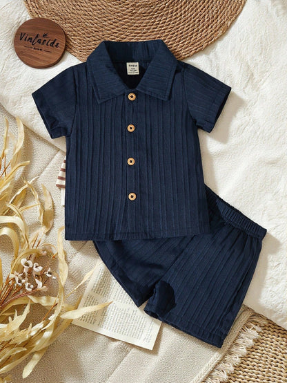 Baby Boy Solid Button Front Shirt & Shorts Without Tee