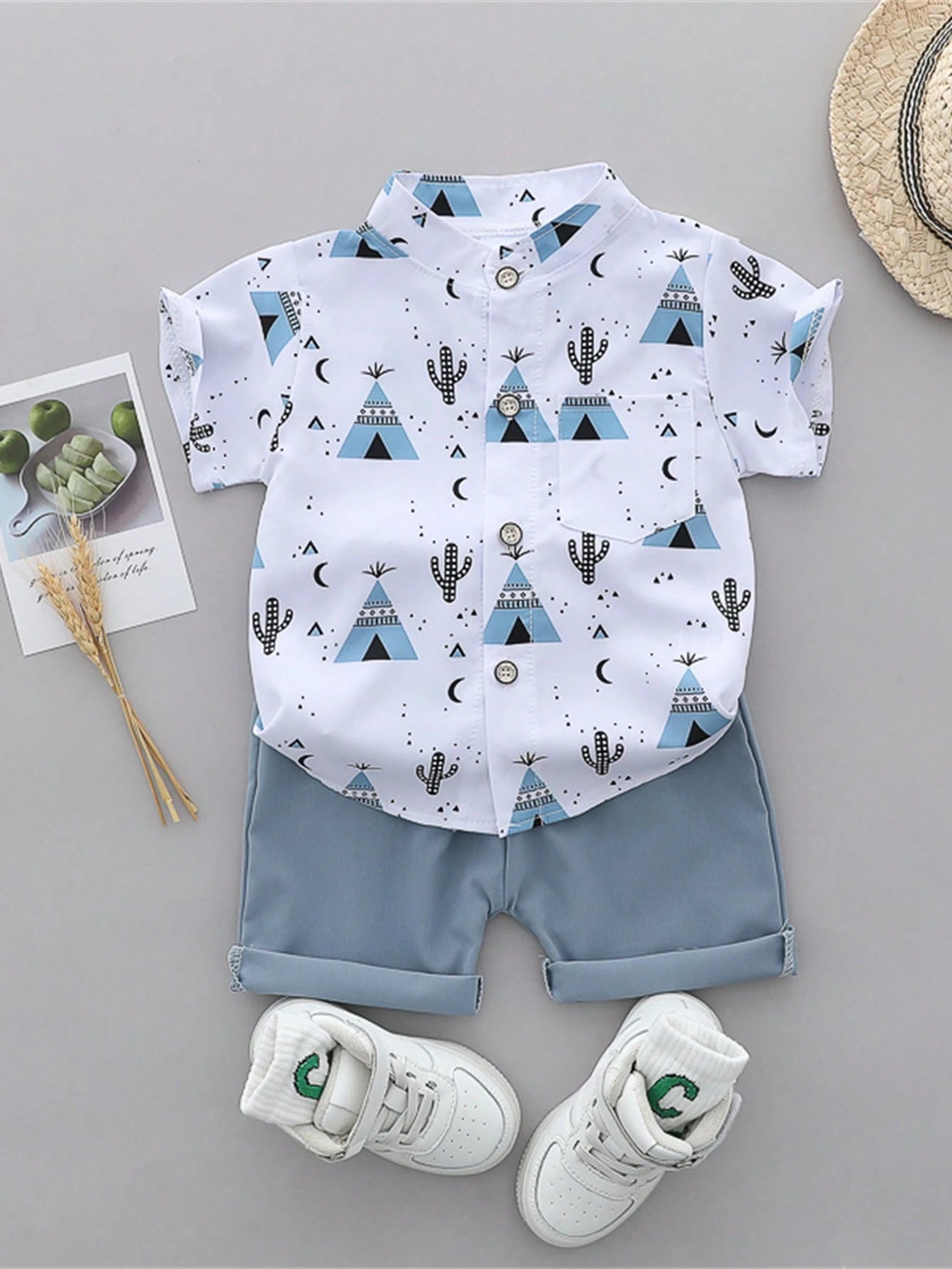 Baby Boy Summer Cartoon Printed Randomly Full-Collar Short Sleeve Shirt And Shorts Set