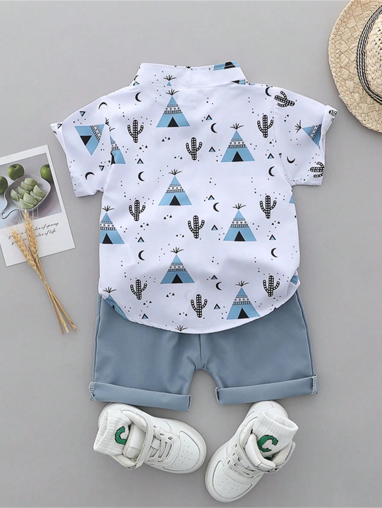 Baby Boy Summer Cartoon Printed Randomly Full-Collar Short Sleeve Shirt And Shorts Set
