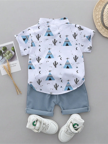 Baby Boy Summer Cartoon Printed Randomly Full-Collar Short Sleeve Shirt And Shorts Set