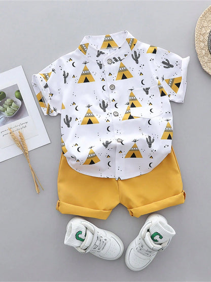 Baby Boy Summer Cartoon Printed Randomly Full-Collar Short Sleeve Shirt And Shorts Set
