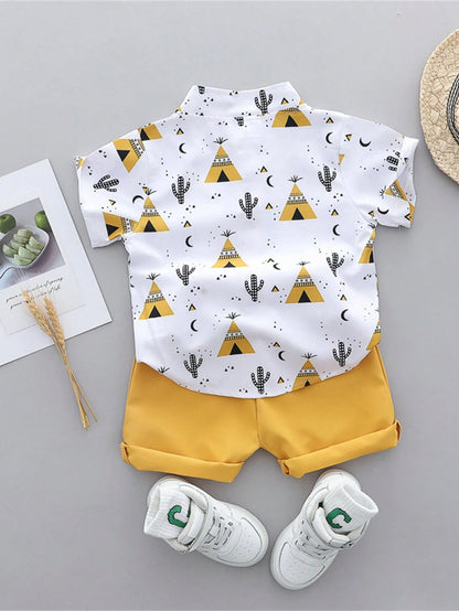 Baby Boy Summer Cartoon Printed Randomly Full-Collar Short Sleeve Shirt And Shorts Set