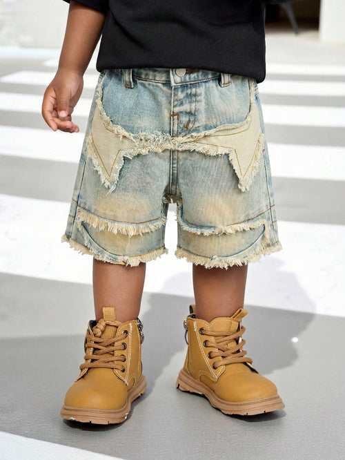Baby Boy Y2k Distressed Retro Vintage Stonewashed Star Raw Edges Patchwork Blue Denim Loose Shorts, Spring/Summer Dailywear, Streetwear, Festival, Party, Beach, Birthday, Country, Boys Graduation, Vac