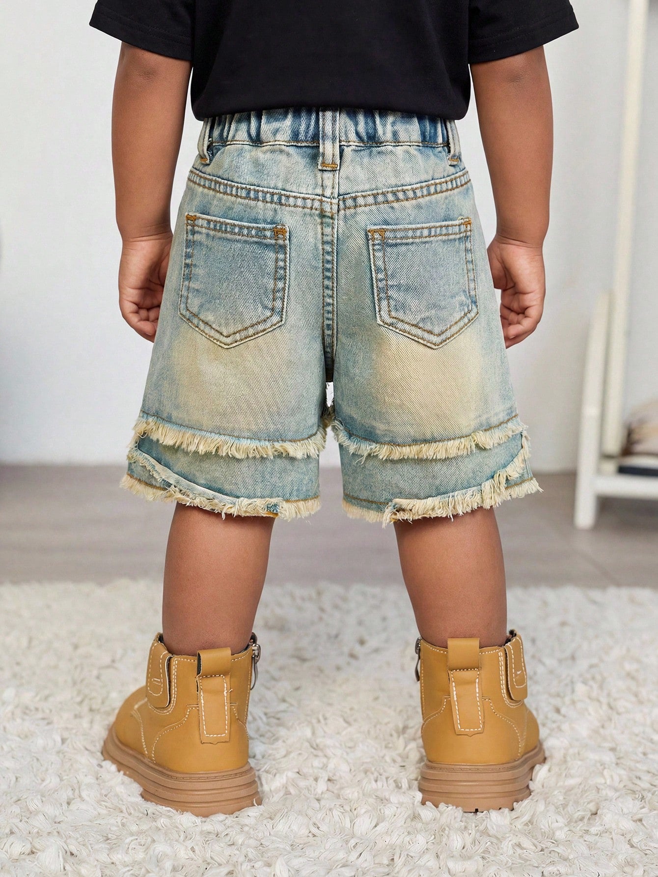 Baby Boy Y2k Distressed Retro Vintage Stonewashed Star Raw Edges Patchwork Blue Denim Loose Shorts, Spring/Summer Dailywear, Streetwear, Festival, Party, Beach, Birthday, Country, Boys Graduation, Vac