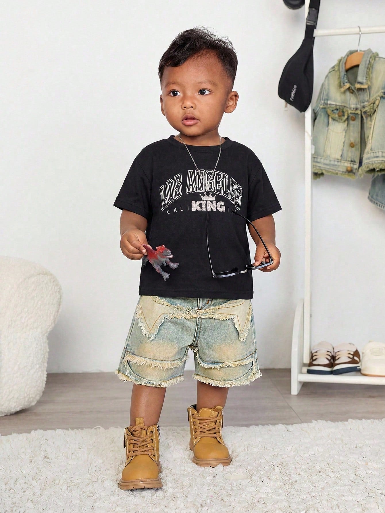 Baby Boy Y2k Distressed Retro Vintage Stonewashed Star Raw Edges Patchwork Blue Denim Loose Shorts, Spring/Summer Dailywear, Streetwear, Festival, Party, Beach, Birthday, Country, Boys Graduation, Vac