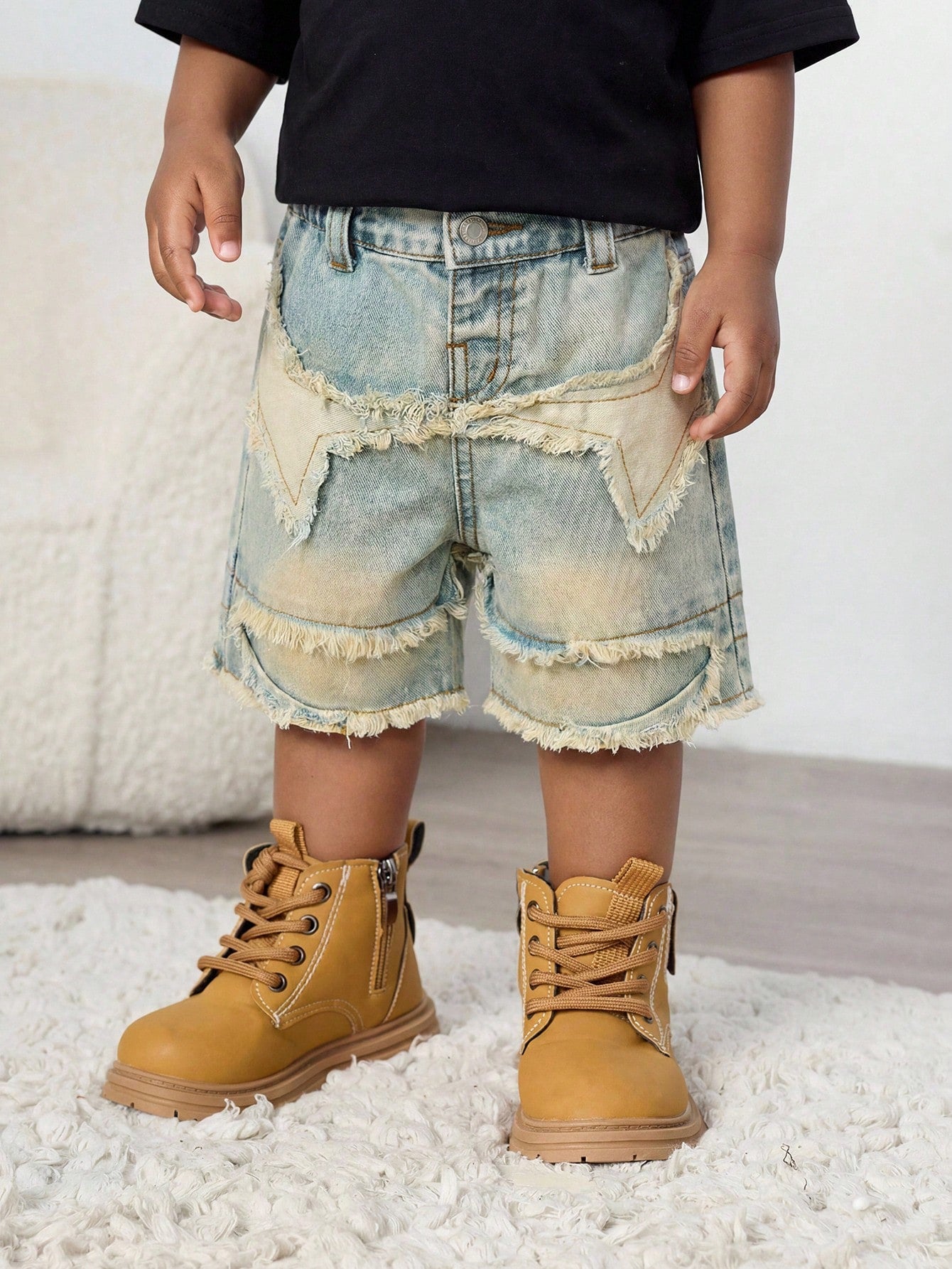 Baby Boy Y2k Distressed Retro Vintage Stonewashed Star Raw Edges Patchwork Blue Denim Loose Shorts, Spring/Summer Dailywear, Streetwear, Festival, Party, Beach, Birthday, Country, Boys Graduation, Vac