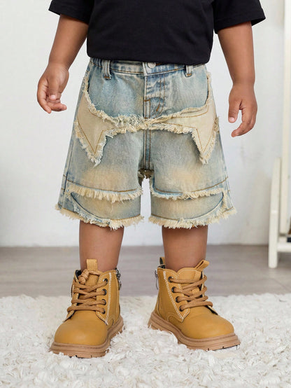 Baby Boy Y2k Distressed Retro Vintage Stonewashed Star Raw Edges Patchwork Blue Denim Loose Shorts, Spring/Summer Dailywear, Streetwear, Festival, Party, Beach, Birthday, Country, Boys Graduation, Vac