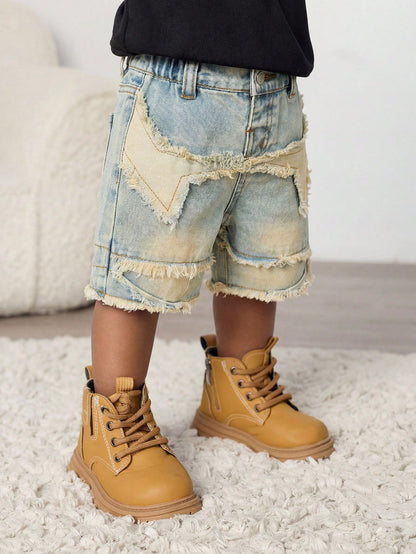 Baby Boy Y2k Distressed Retro Vintage Stonewashed Star Raw Edges Patchwork Blue Denim Loose Shorts, Spring/Summer Dailywear, Streetwear, Festival, Party, Beach, Birthday, Country, Boys Graduation, Vac